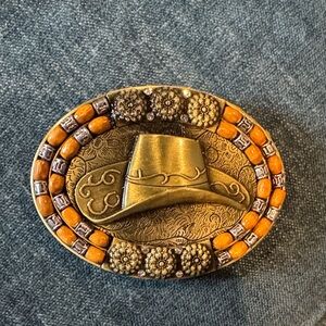 Vintage Western Hat Brooch with Orange Accents